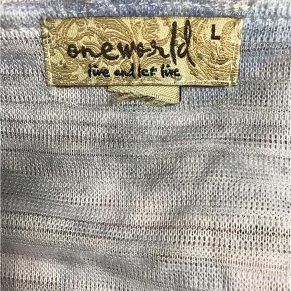 One World L Blue/Gray Print Semi- Sheer Layered Scoop Neck 3/4 Sleeve Top - Picture 5 of 5